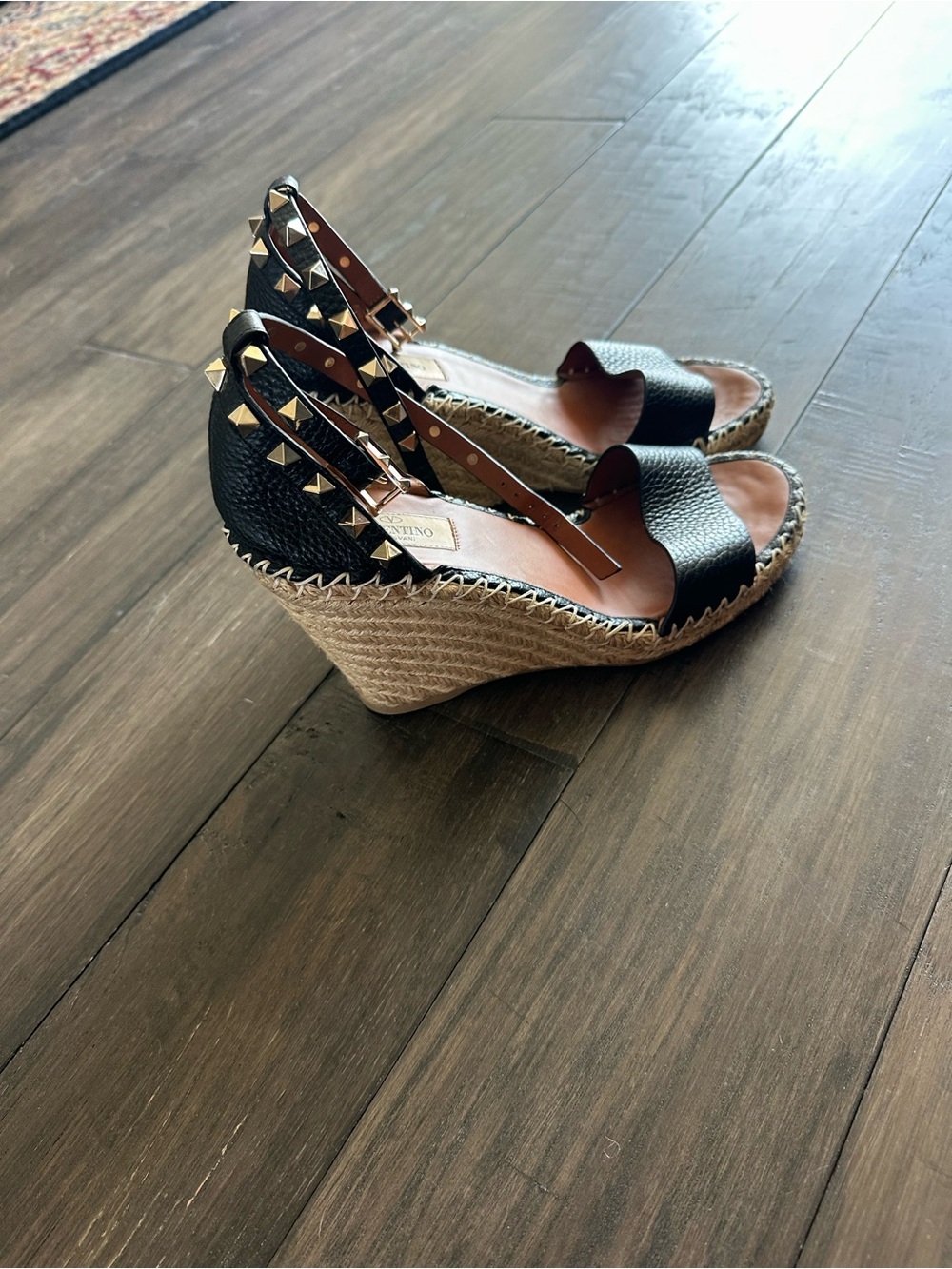 Valentino garavani rockstud Black Studded Leather Espadrille Wedge Sandas